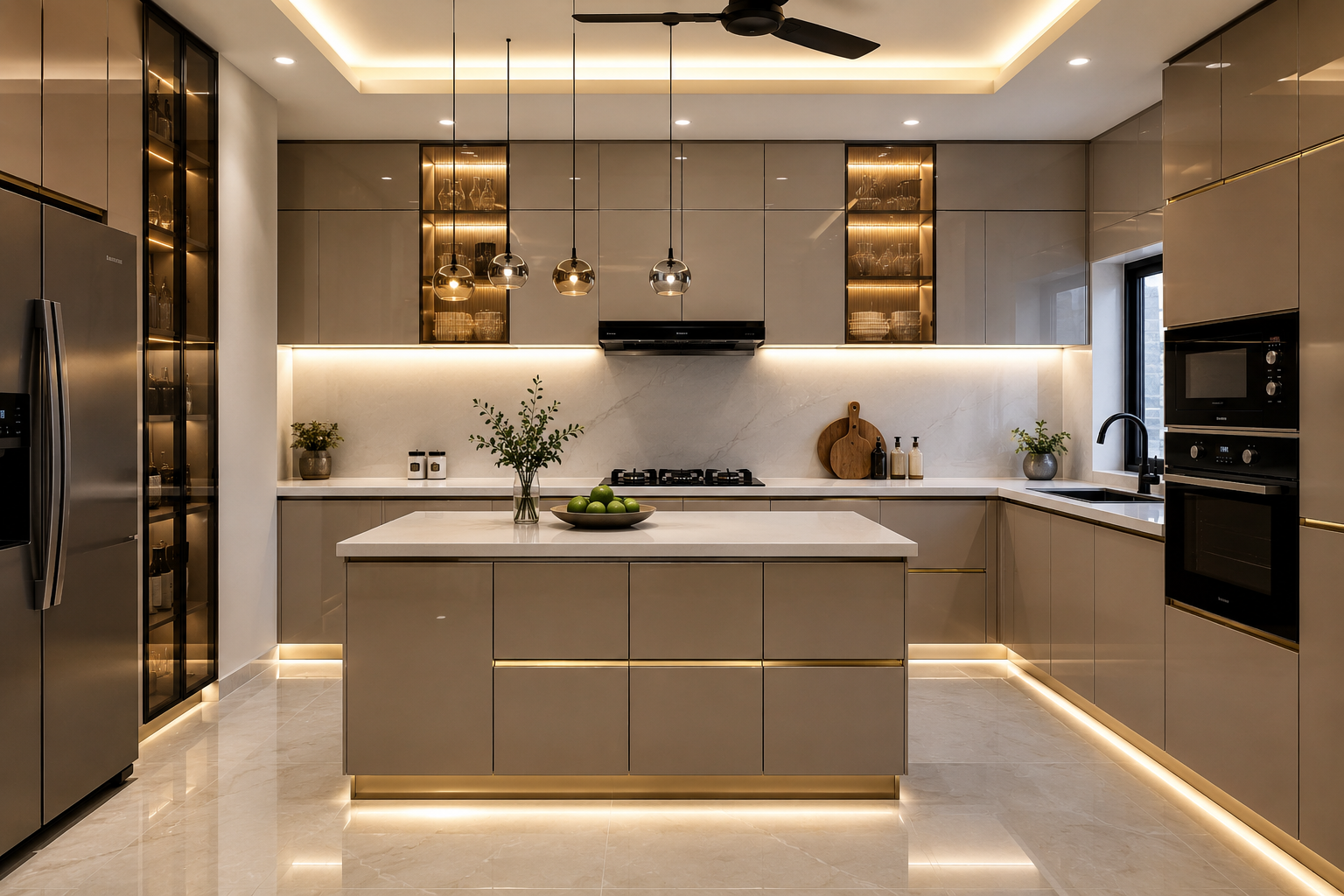 Steel Kitchen showroom with pendant lighting over island